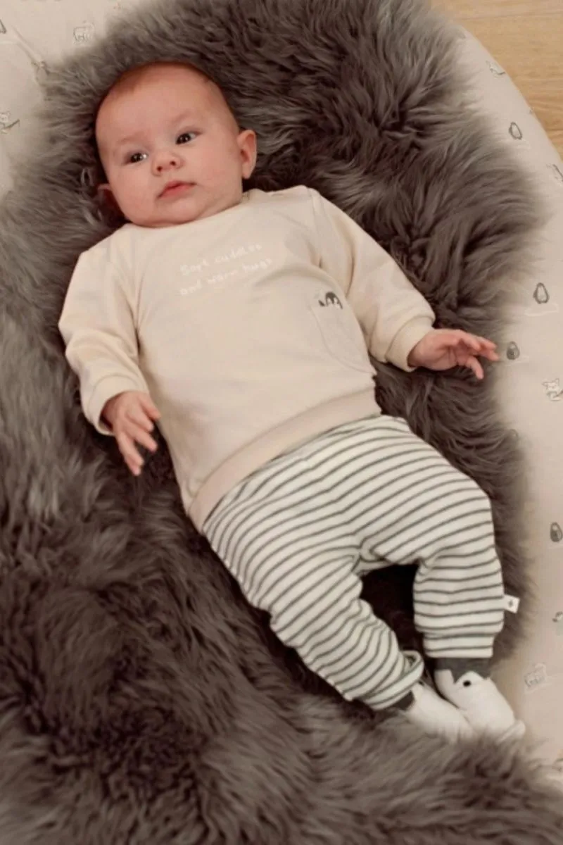 Feetje Sweater Penguin Cuddles, zandkleurige babytrui met pinguïnprint